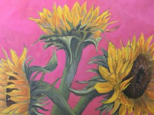 Painting of sunflowers against a pink background. Gouache paint on MDF